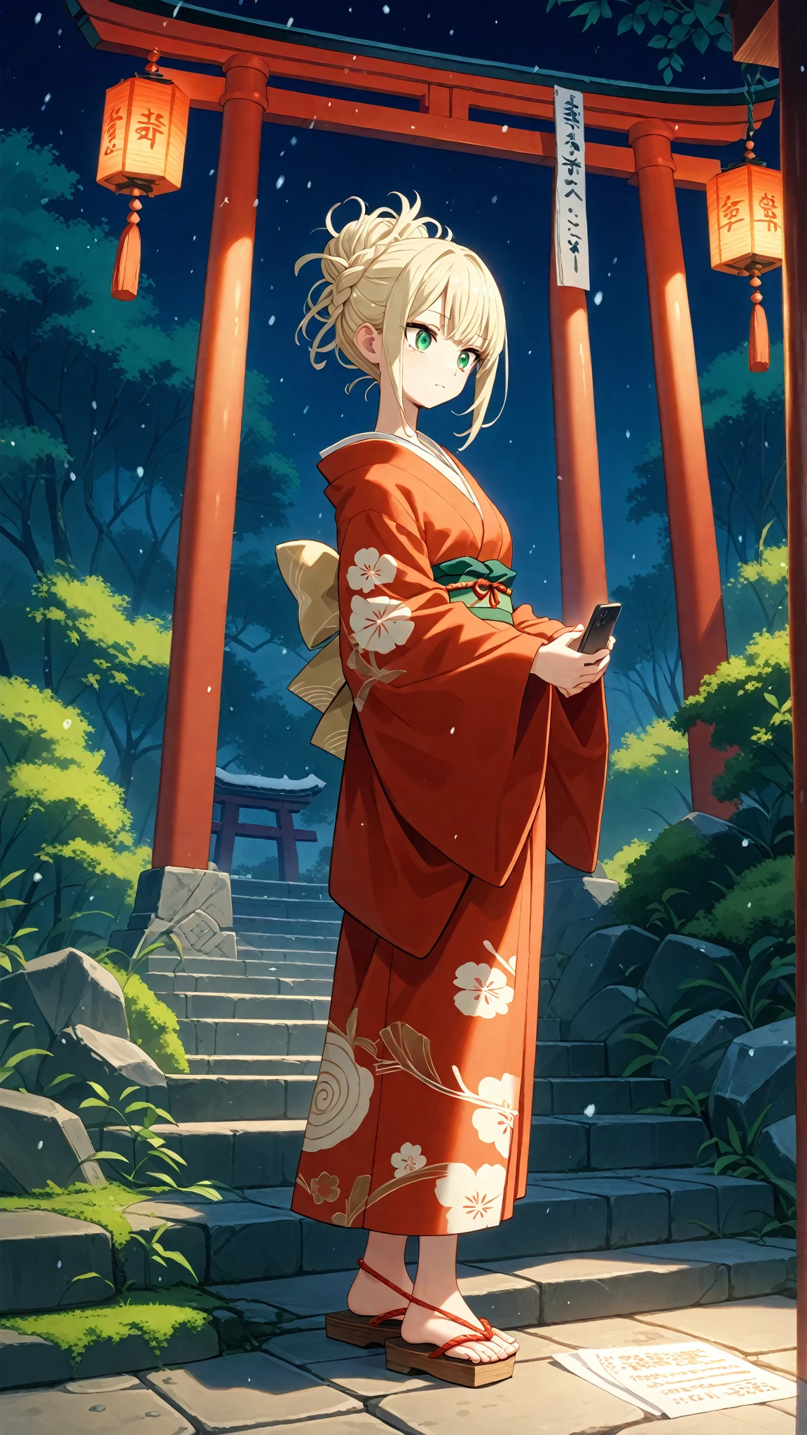 masterpiece, best quality, one girl, solo, one girl, blonde hair, red eyes, braid, middle chest, kimono,, temple, Japan, tree, outdoors,