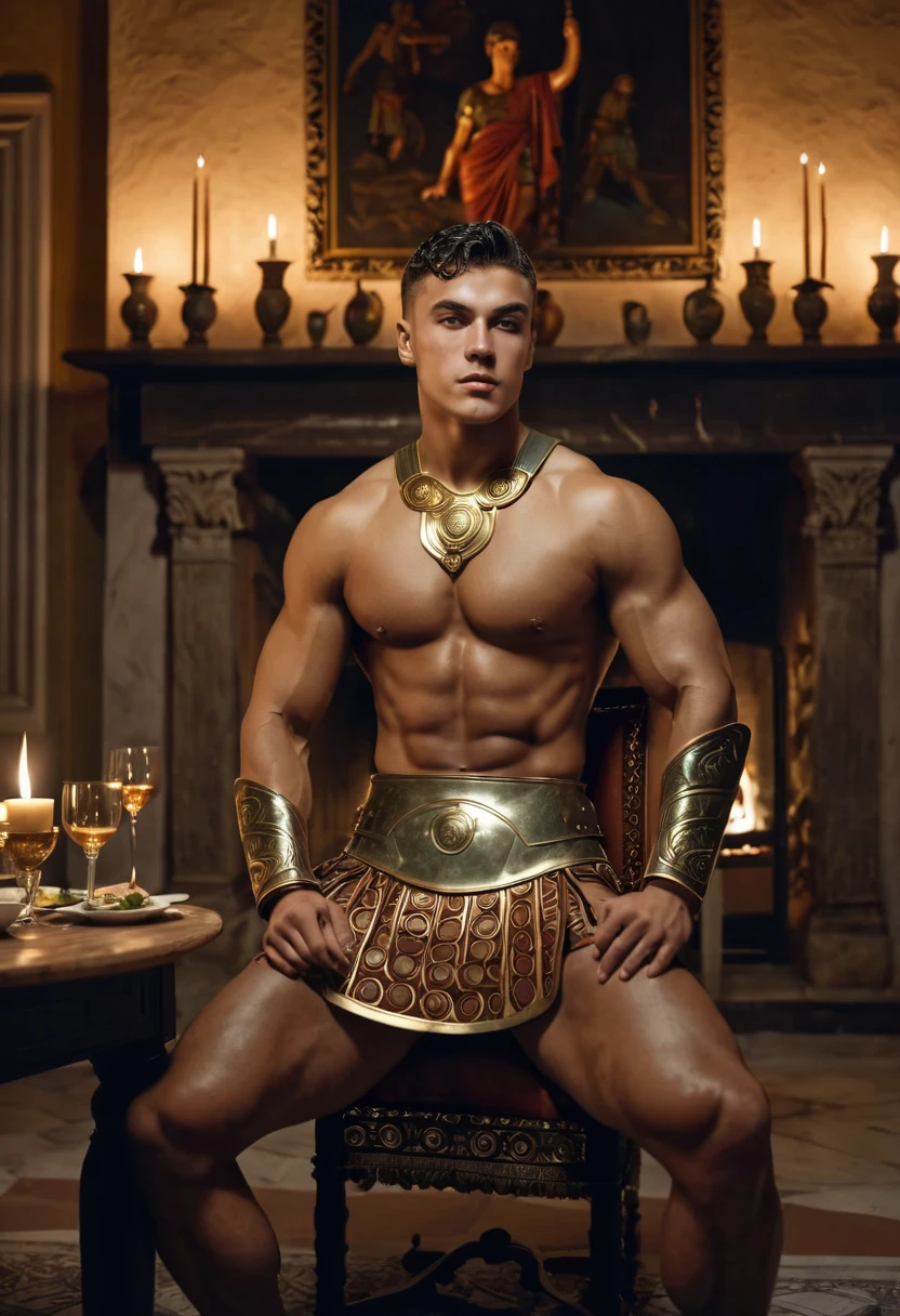 A muscular Korean man is in wonderland, 20 years old, He is wearing snow white clothes (fur layers on the shoulders and back) with a very long pile, correct looking , well-shaped , smooth  and , sexy,,, , (( showing 1 big real )), (  (1 perfect  head), ((real engraved  veins))((real and perfect  ))((perfect )), underneath you can see  his body is very muscular. The emphasis is on the male body.    Above his head is a halo surrounded by white clouds and golden holy light., (The body is decorated with a gold chain with precious stones, finger rings), (A heavy belt with a gold  band with sparkling gemstones).    voluptuous crotch.    He had short black hair with shaved temples and large, expressive green eyes. A clock was ticking in the distance.    This scene looked like something out of the realm of fantasy or legend when viewed from above