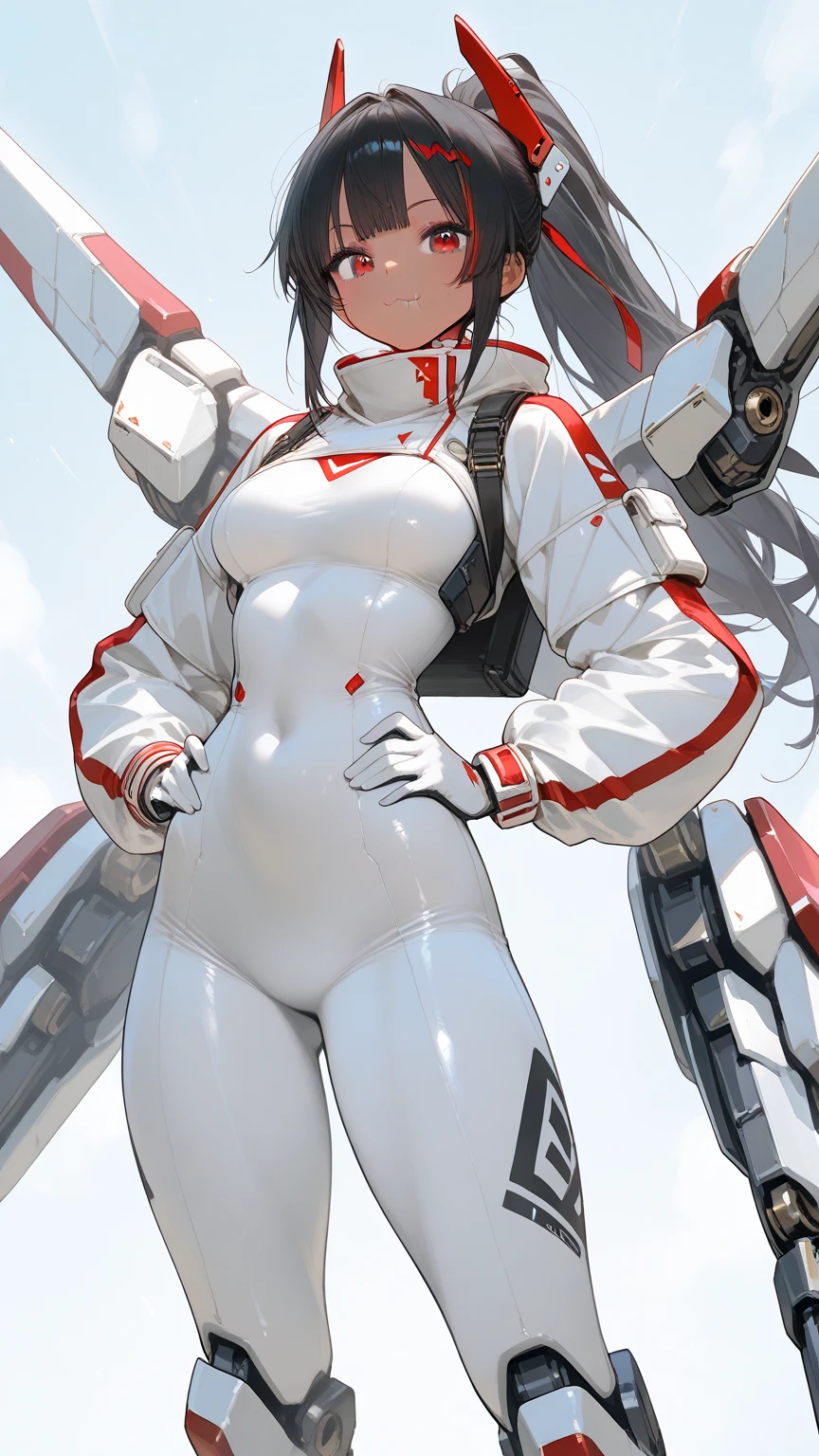 highest quality、black hair、shortcut、Beautiful woman、２５age、model、red eyes、raise your chin、bend one's body、look down at the viewer、white pilot suit、gundam、Aina、breast enhancement、anime touch、hand drawn、