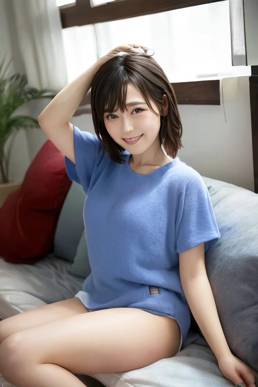 high-level image quality、in detail、、elementary student、(((10yaers old)))、Lori、Colossal tits、Wavy Shorthair、silber hair、Happy face with open mouth、a 、The shirt、((()))、Woman on top of man、perspiring、Dye cheeks、A slender