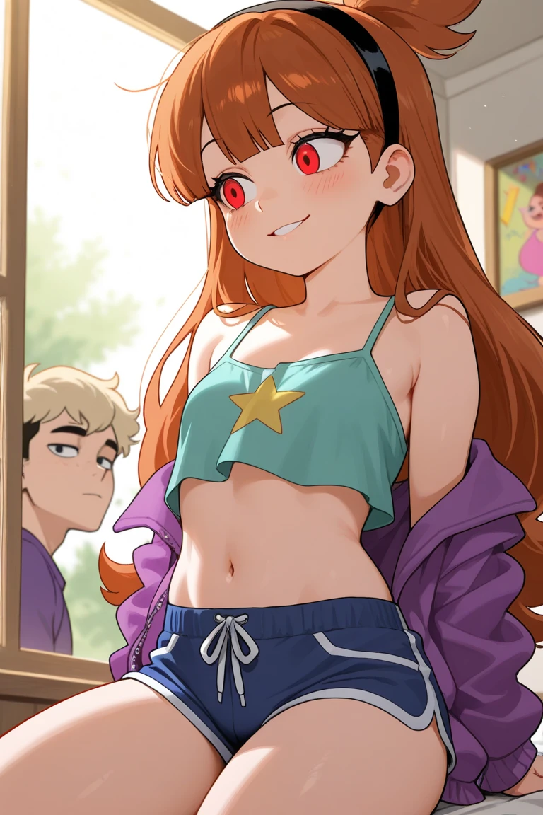 A boy with long hair down to his neck, he's , he has a medium , he has a hard  , he's taking a bath. Along with other boys. 