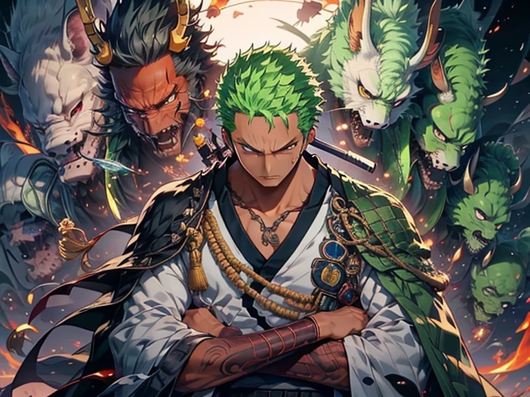 zoro, Solo, view the viewer, Smile, Short hair, Red eyes, 1boy, Holding, jewelry, Upper body, arma, Male focus, Earrings, Japanese clothes, Green hair, Horns, sword, komono, holding weapon, From the side Side, tattoo, Glowing, Scar, holdingsword, katana swords, scars in the face, scars on eyes