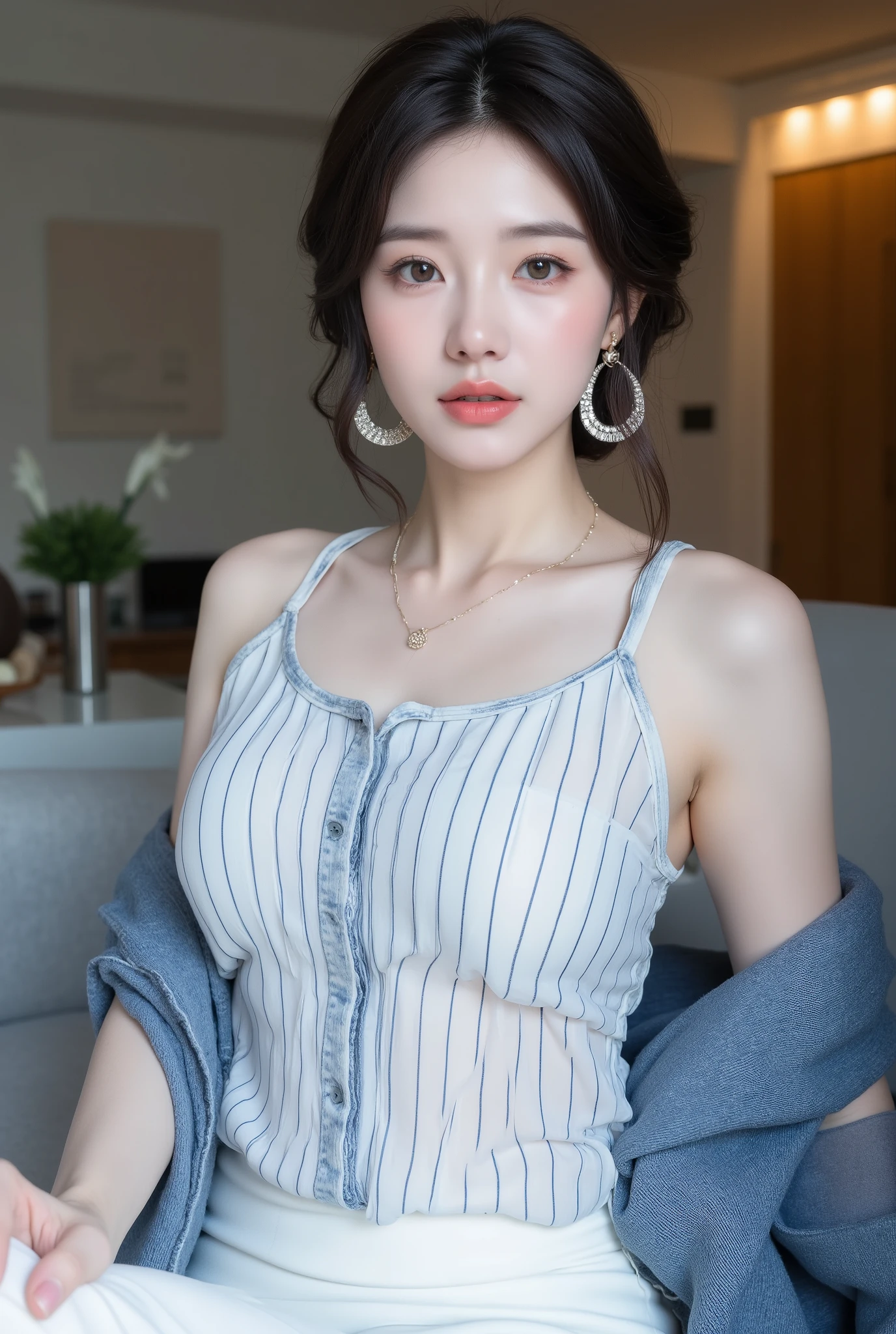 Fashion trendy beautiful and charming woman, gentle and charming Chinese beautiful woman, delicate and  collarbone, charming oval face, double eyelids, smart peach blossom eyes, pink lips, small nose,  shoulders, focus on the face, close-up of the face, Ultra-high-definition, super-detailed, the white off-the-shoulder shirt perfectly echoes the light blue slit skirt, fresh and impressive