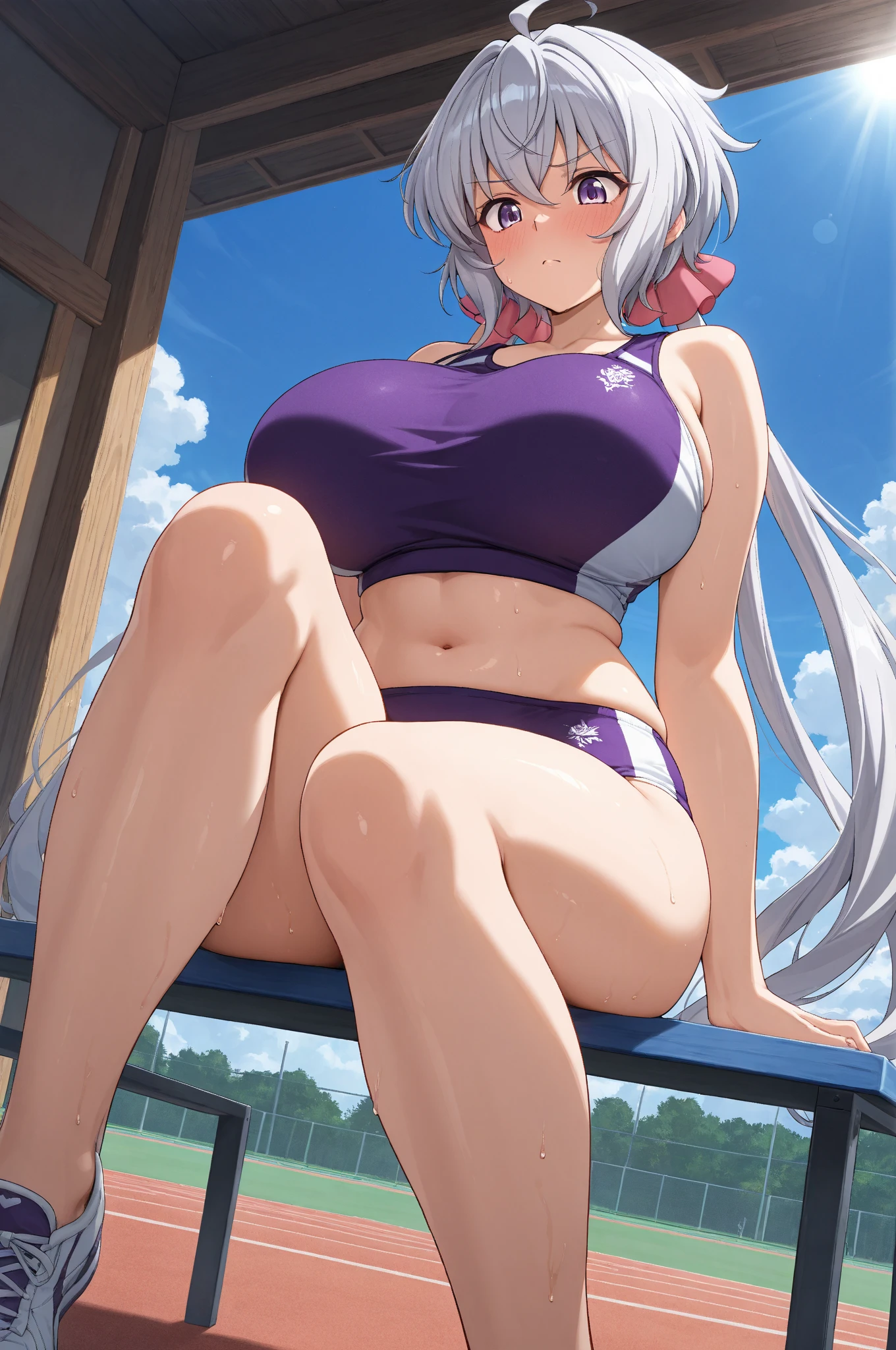 　2 boys High level image quality　best image quality　8K　 adult woman    pool party  rain　palm trees  more colors   whole body view　portrait　golden    　horn    ears  　short hair（（shortcut）（gray hair）（perm）（fluffy））　eye color is blue ,  , 　attractive evil face , smile   ,   pose   ,  labrynth , crossed arms,  barearm     , sittings  by the pool , crossed legs  , all wet , view foot arc 