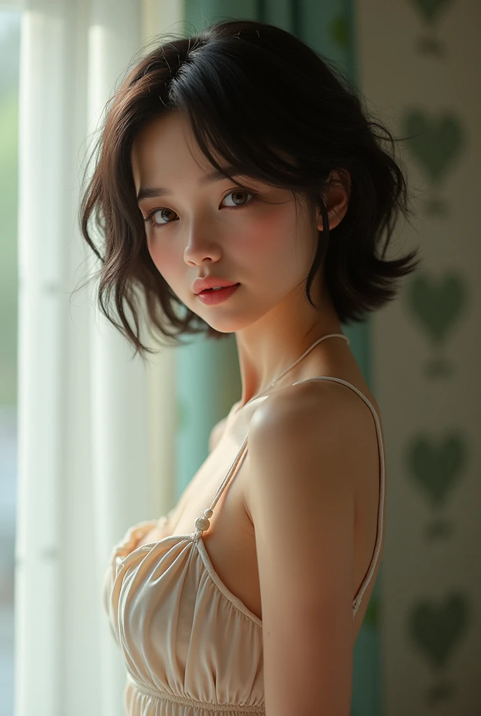 Best quality, masterpiece, ultra high res, (photorealistic:1.5), raw photo, 1girl, offshoulder, in the dark, deep shadow, low key, cold light,  look, short hair