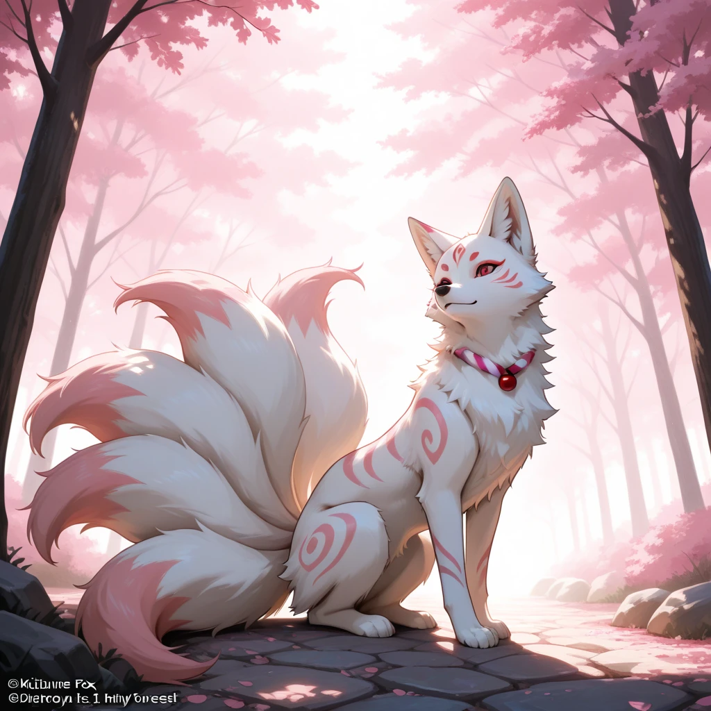 kimiko, , multi tail, multiple tails, fox girl
white body, fur, pink and red hair, pink eyes
 mark,  tattoo, eye scar, tied hair, ponytail, feet paws, four toes, , on grass, , legs spread, by fumiko, by hyattlen, flat colors, outdoors, rear view