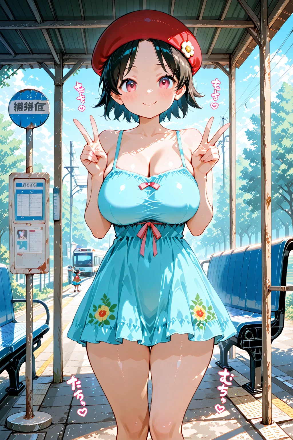 4K，One Girl, MS. end，thin，Very short stature，Very thin thighs，Blunt bangs，Short dress shirt, Half sleeves，Red Suspender ，blush, smile, Bobcut, Black Hair，Vibrant colors, ，A lot of  drips down her thighs onto the floor，(remote_play))，remote-vibrating-egg，((Someone else's hand holding a pink round remote control:1.3))、Ecstatic expression，Accurate and detailed female fingers，,blush,,masterpiece,12yo,