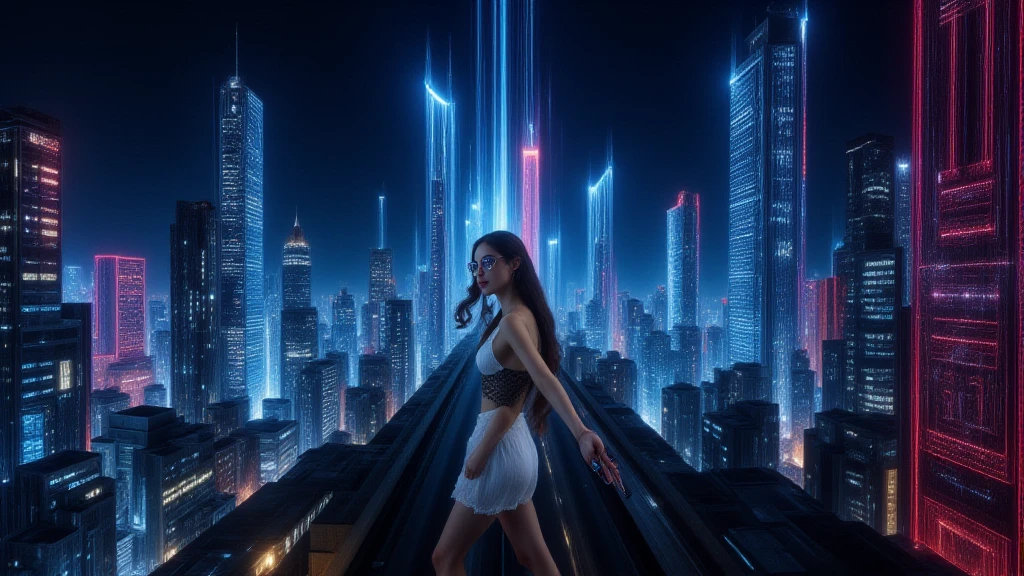 brightly colored abstract image of a space station with a spiral, epic beautiful space scifi, chaotic cinematic space rift, greg beeple, (((((flying cars, 1drone))))), planets colliding, beeple and tim hildebrandt, beeple and jean giraud, end of the universe, galaxy space sci-fi, ringworld, by Mike "Beeple" Winkelmann. Matrix style, (((((Matrix cascading code))))), (((((a futuristic twin tower skyscraper with a unique twisted design))))), (((((OLED GUI interfaces in the building))))), at night, (((((1girl, solo))))), photo realistic, (((large-??????:1.2 slim body, cleavage))), (((off broken mini sling-shirt and black sling bra, extreamly short pleated miniskirt exposing ?????))), (((((running pose))))), (((((((matrix style black micro sunglasses))))))), ((((((((((aiming with a short gun)))))))))), (((((looking at camera))))), (((very low view))), (((((half-body thigh level medium shot))))), (((cinematic lighting))).