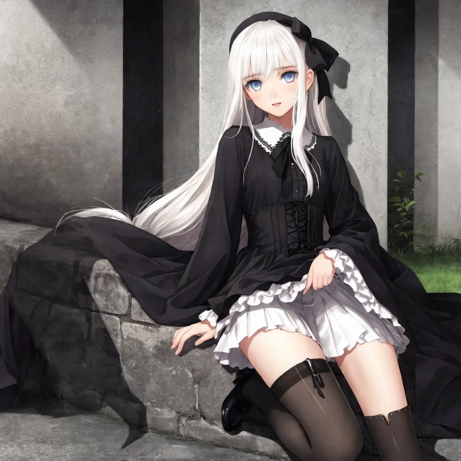 long  white hair，eBlue eyes，She wears a pleated skirt，upper body bare，Japanese anime 17-year-old beautiful girl wearing white knee-length stockings on one leg，He wears black knee-length socks on his other leg，No shoes on，The legs are slender，Full body photo