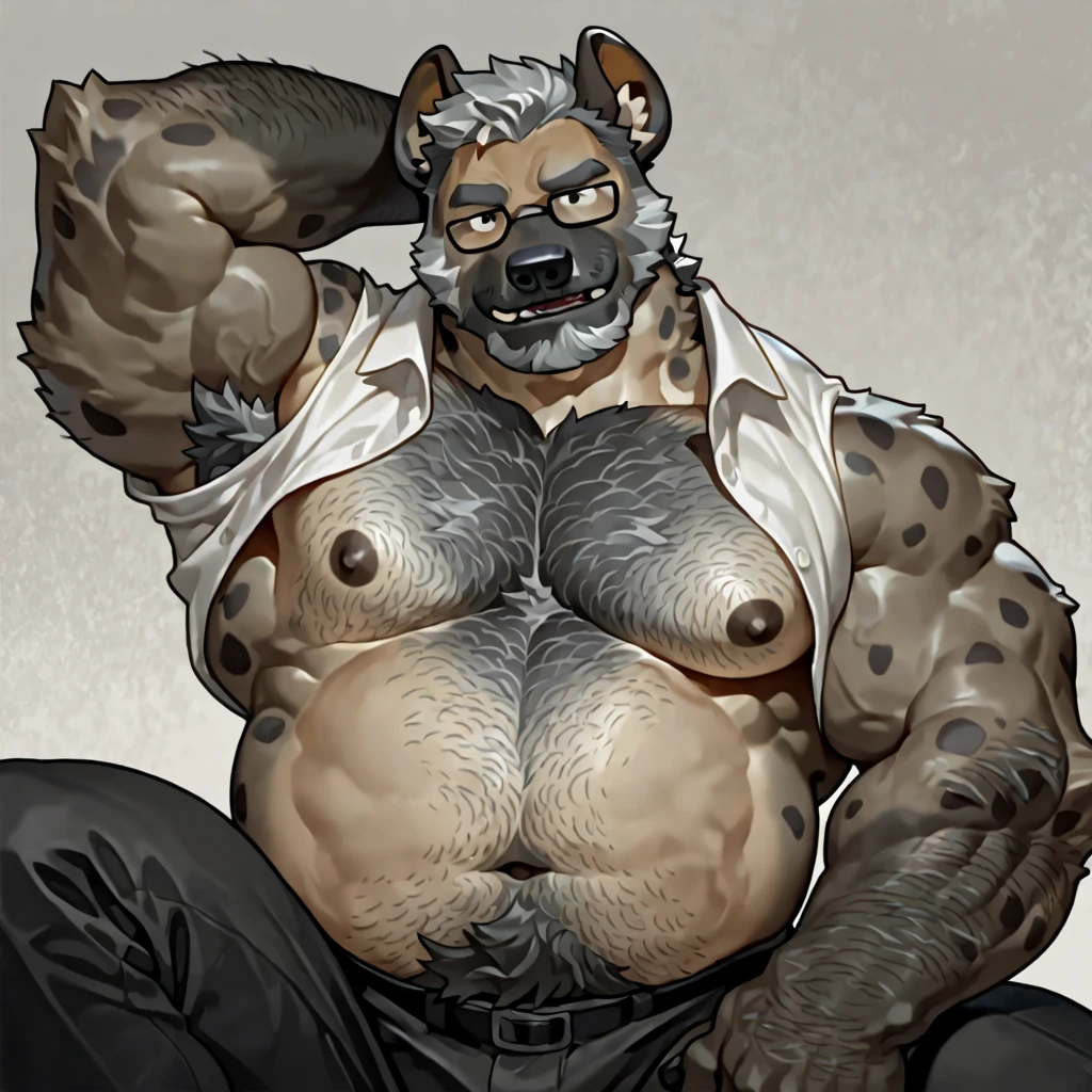 solo, male, werewolf, wolf, canine, chubby, musclegut, belly, pot belly, plump, mature male,  hair, beard, young, nervous, blushing,  fur, stomach fur, hands on belly, looking down at belly, grey fur, blue eyes, body hair, half-body, looking at mirror, white background, by mystikfox61, by darkgem, by glitter trap boy, by bebebebebe