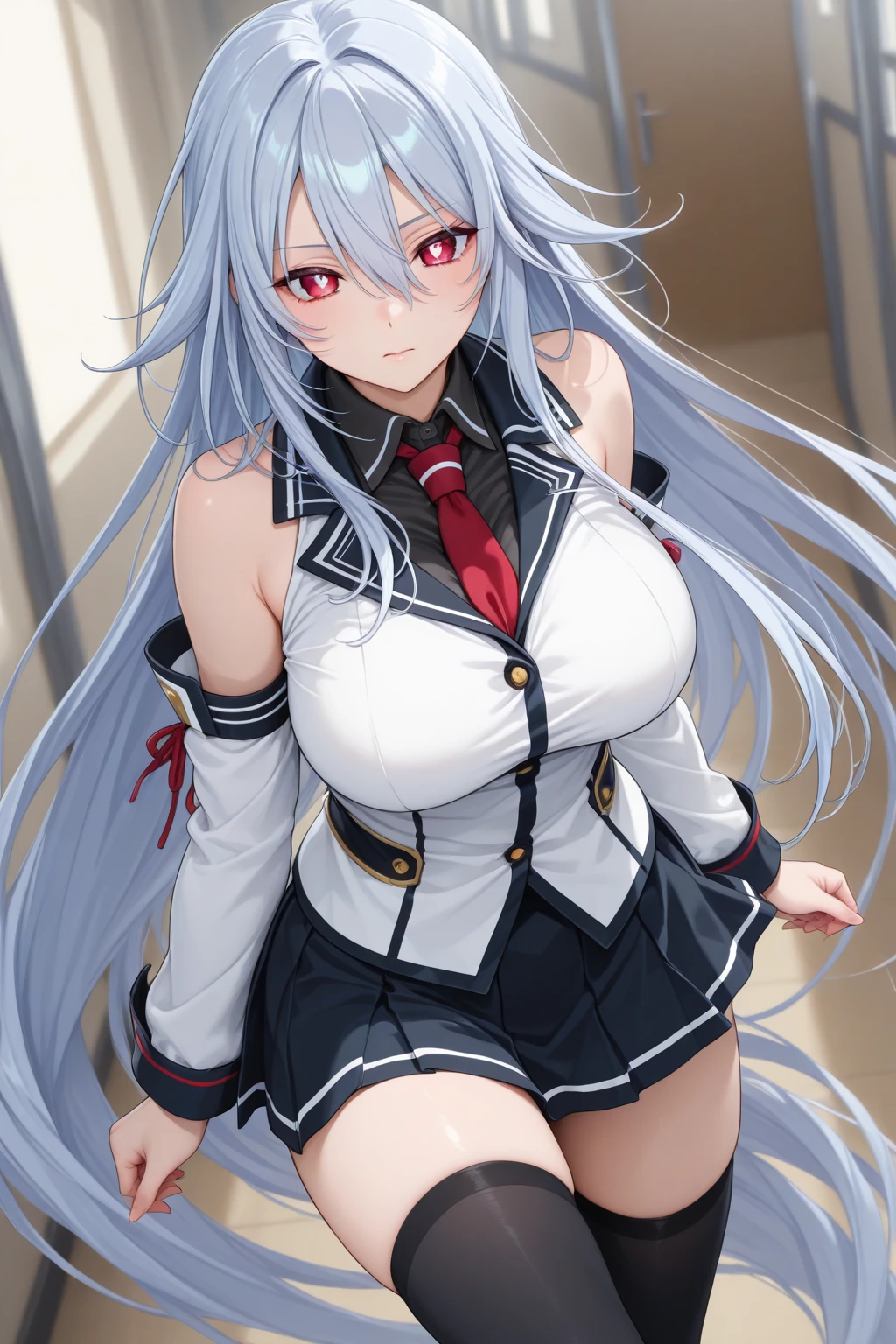 white queen, clock eyes, white hair, bangs, low twintails, (right red eyes:1.2), (left blue eyes:1.2), heterochromia, (small breast:1.2), long white hair, tied, symmetrical twintails,, , lake, , , looking at viewer, ,honey on the chest,