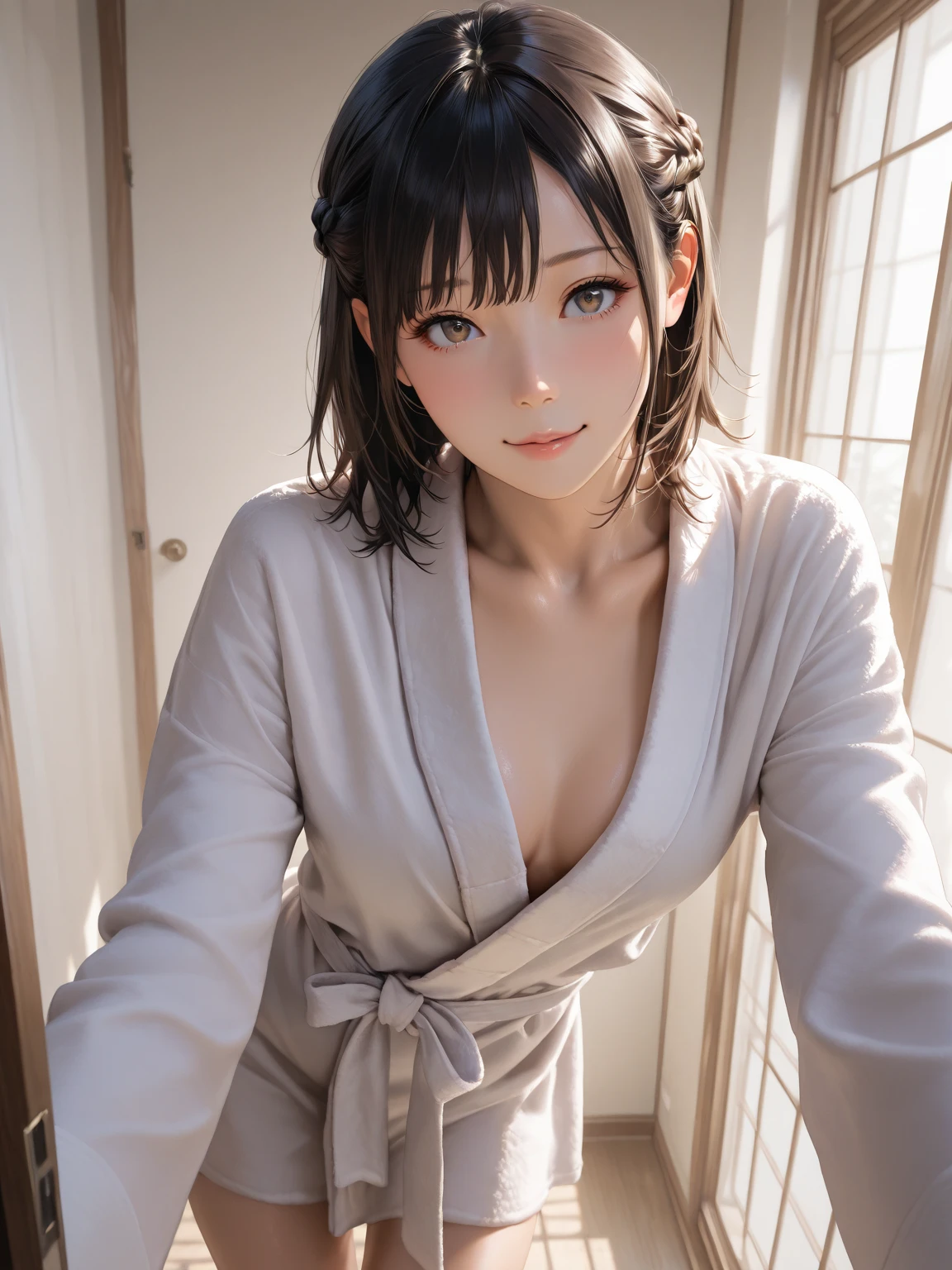 Elderly woman Arafed, 45 years,  and panties,  with brown eyes, brown hair and big eyes, selfie of a young woman, Chamber eyes, Without makeup, Natural makeup, looking straight into the camera, Face with Artgram, subtle makeup, Excellent full-length photo, in the room, split.   Outfit: Wearing a short, unbuttoned massage therapist robe, no top underneath.
Pose: The woman stands beside the massage table, her robe open to fully reveal her , one leg bent slightly at the knee, one hand resting on the table, the other gently touching her , her gaze directed at the camera with a confident and inviting expression.
