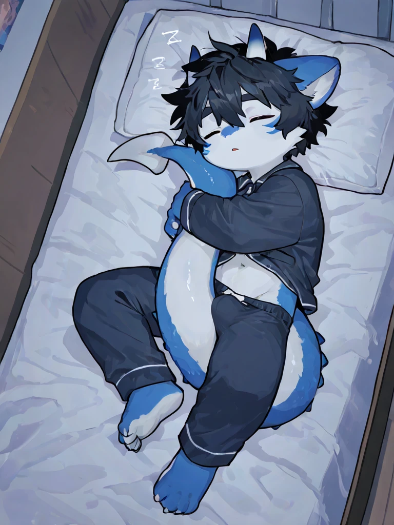 4K，8K，high resolution，masterpiece, best quality，Blue eyes, hairy, alone, Wearing pure blue shorts， wet fur, Pink slime drowned，short tail((black cat，Shota))In the lab，Lying on the slime，Thin，blush