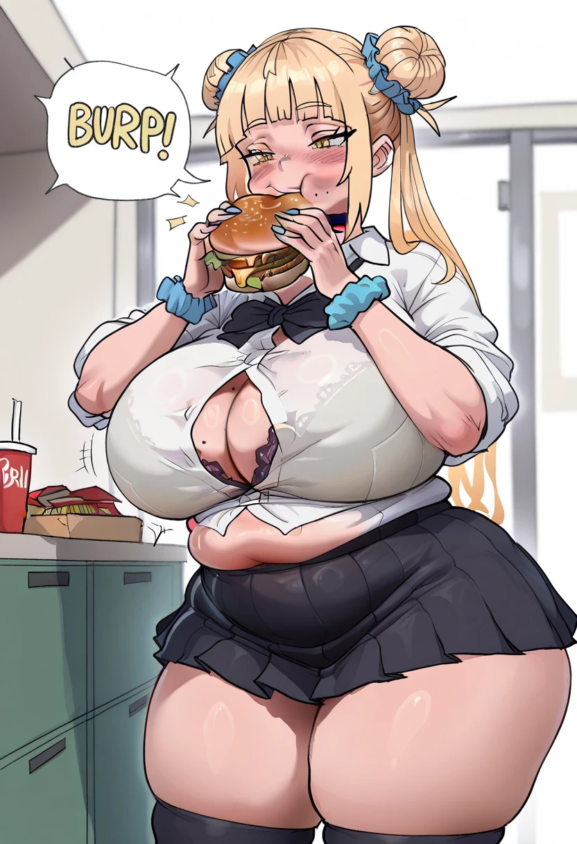 Billie Eilish, masterpiece quality, (masterpiece quality:1.9), realistic, studio lighting, solo, (alone:1.5), one girl, (one girl:1.5), inside restaurant, standing next to buffet table, buffet of food, holding plate full of food, wearing blue jeans, , ( :1.5), wearing choker collar, , (:1.5), fat belly, (fat belly:1.5), round belly, blushing, (blushing:1.2), lactating , (lactating :1.9),