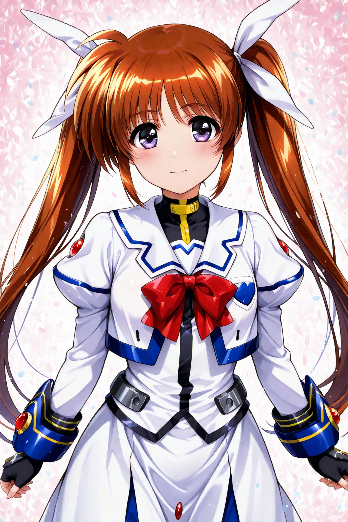Anime girl in a white dress with long red hair and a red bow（takamachi ...