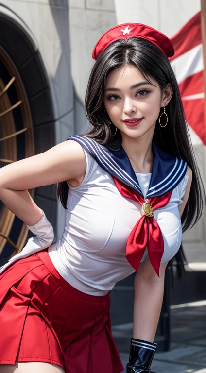 best quality, masterpiece, 1 girl, perfect beautiful face, (photo photo:1.3), edge lighting, photography lighting, (high detail skin:1.2), 8k ultra hd, DSLR, high quality, high resolution, white skin, detailed textured skin, half body in frame, sexy posing, cute smile face, perfect propotion face, symetric face, eye level shot, 4k, 8k, bokeh, absurd, best ratio four fingers and one thumb, (realistic:1.3), beautiful detailed girl, cute 1girl, dark brown hair, long hair, ponytail, bangs, volume hairs, collosal-breast, full looking breast, projecting breast, slim waist, slender, small thighs, perfectly proportion, garden background, detailed background, trees, clouds, grass, standing, frontal posing, direct gaze,  thighs, ponytail, elbow gloves, stipped thighhighs, highleg , blue pleated skirt, bunny ear, shimakaze \\(kancolle\\)