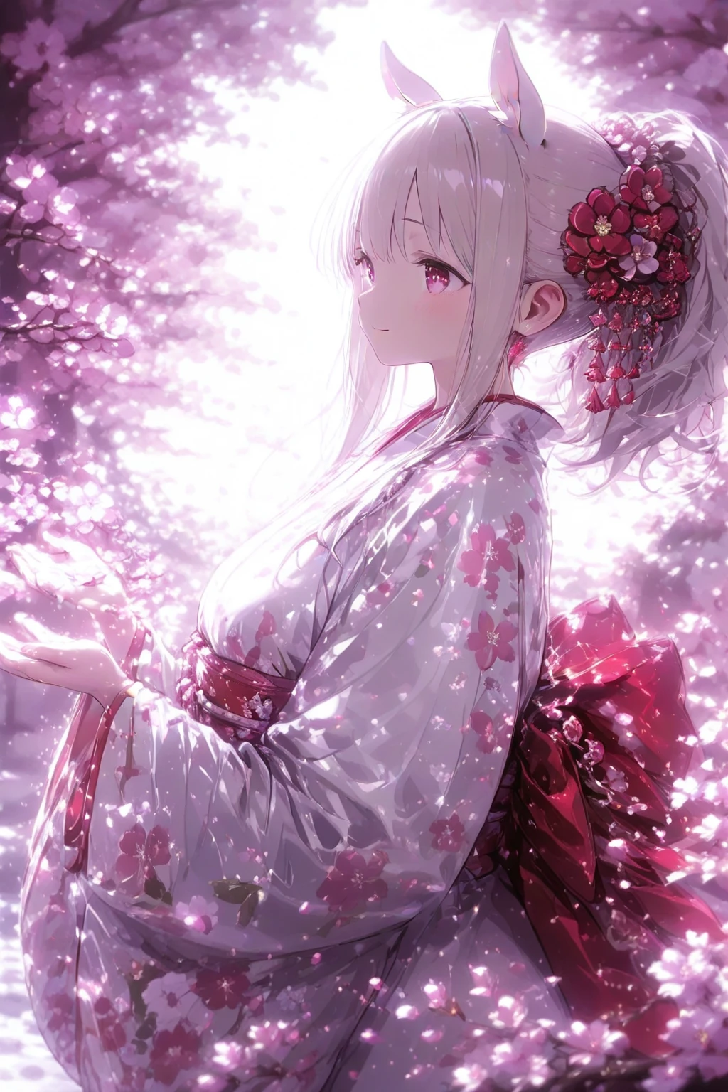 Beautiful woman in kimono，landscape，Cherry blossoms，Sunlight，warmth，Bright colors，Comfort