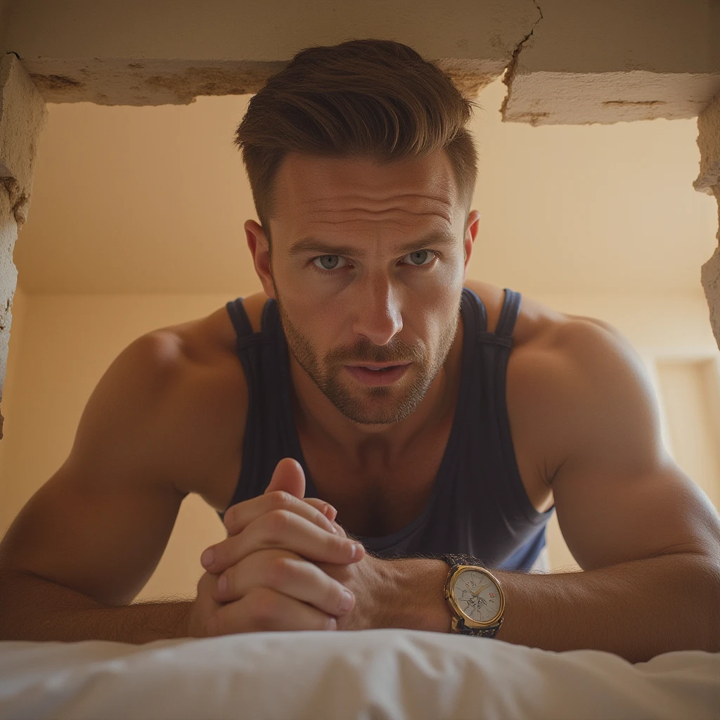 Hot, sweaty, beefy,  dad on the bed with his hands tied up behind his head. He also has big, bushy, hairy armpits. Big  bulge on his . (He is also blindfolded with a cloth tied around his eyes, covering his eyes). (He also has a dad bod).