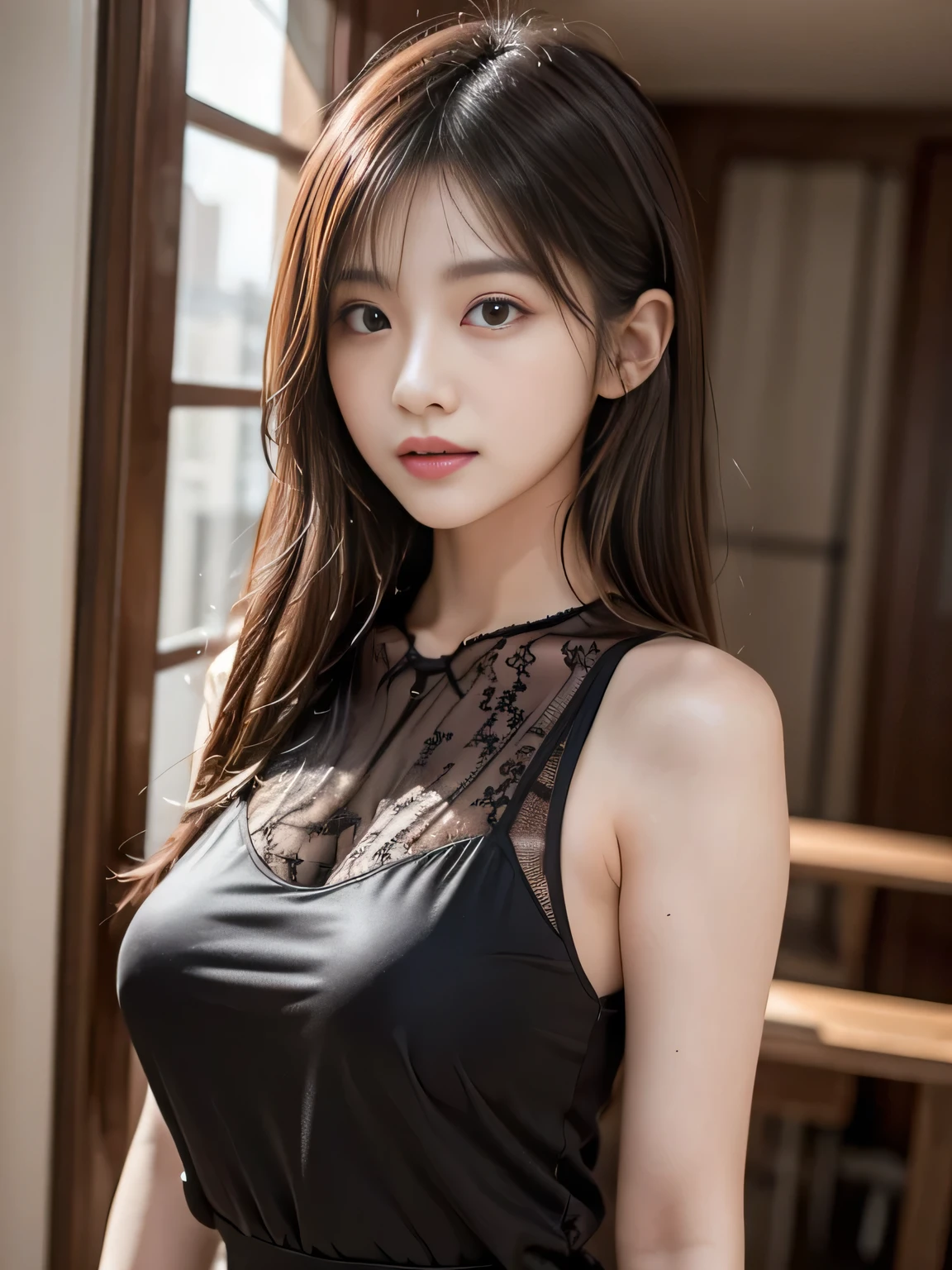 (Super beautiful woman)、((highest quality、8K masterpiece:1.3))、sharp focus:1.2、(super beautiful face:1.0)、(shiny skin:1.0)、realistic pictures、black hair、video lighting、High resolution eyes and face、video lighting、japanese actress、from the front、with a happy smile、whole body、Brush your hair up with your fingers.