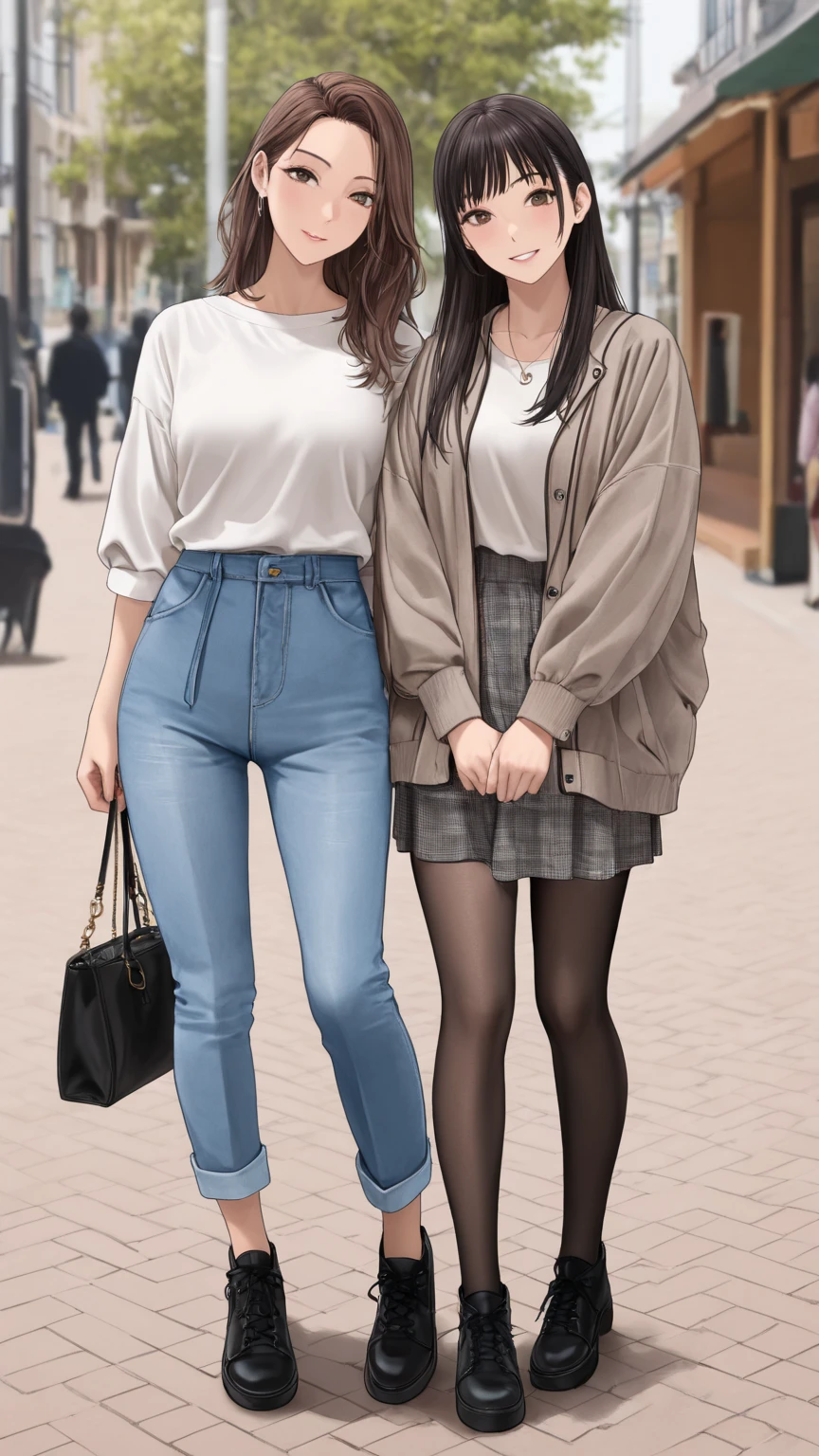 ((best quality, masterpiece:1.3, 8K)), (detailed), highly detailed face and skin texture, detailed eyes, downtown, full body, slender body, 2girls, 25 years old, white skin, bright lips, scared, worried, embarrassed, panicking, long hair, (forehead:1.0), jeans pants, flares jeans, blue jeans, peeing jeans, peeing pants,  stain, (wetting herself:1.5), desperation:1.5,