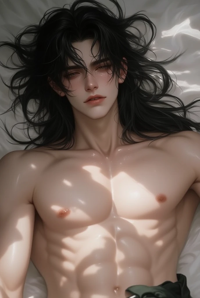 Male, 25 years old, black wavy hair, earrings, piercings, night, lights off, , bedroom