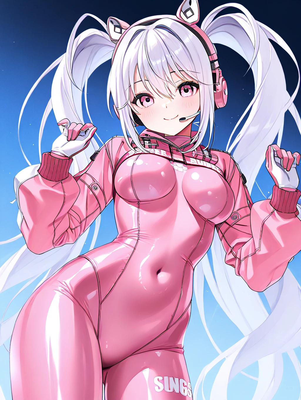 (RAW photo, best quality, masterpiece:1.2), (realistic, photo-realistic:1.4),(masterpiece:1.4),(best quality:1.4),1girl, solo, :d, animal ear headphones, animal ears, arms up, bangs, blush, ????????, ???????, bunny pose, clothes writing, covered navel, cowboy shot, cropped jacket, fake animal ears, gloves, outdoor,morning,snow, hair intakes, headphones, impossible ????????, impossible clothes, jacket, ?????????????, latex, latex ????????, long hair, long sleeves, looking at viewer, ?????????????, multicolored gloves, open mouth, pink ????????, pink eyes, red eyes, red jacket, shiny clothes, shrug \(clothing\), sidelocks, skin tight, smile, thigh gap, thighs, twintails, very long hair, white gloves, white hair,alice \(nikke\),(shiny skin),realistic,