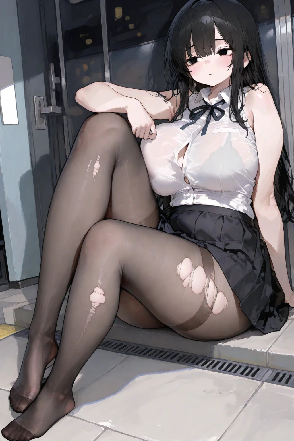CG, unity, 8k, wallpaper, highest quality, masterpiece, 1 girl, (blushing, troubled face: 1.5), black hair, BREAK, white skin, BREAK, (tied up with rope, Both hands are tied behind the back, fetters: 1.5), (squat, open your legs: 1.5), (black pantyhose: 1.5), (She wears only pantyhose ??????????????? or ?????????: 1.5), (Sweating: 1.5), best lighting, complex pupils, complex textile, realistic skin texture, detailed background, (At the gymnasium warehouse), low angle, view from below