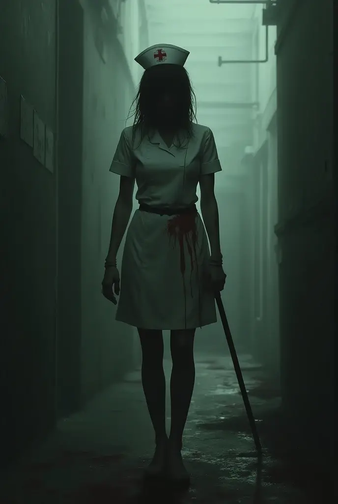 Nurse with a badage covered face, holding knife, abandoned rusty hospital, in the style of a horror movie
