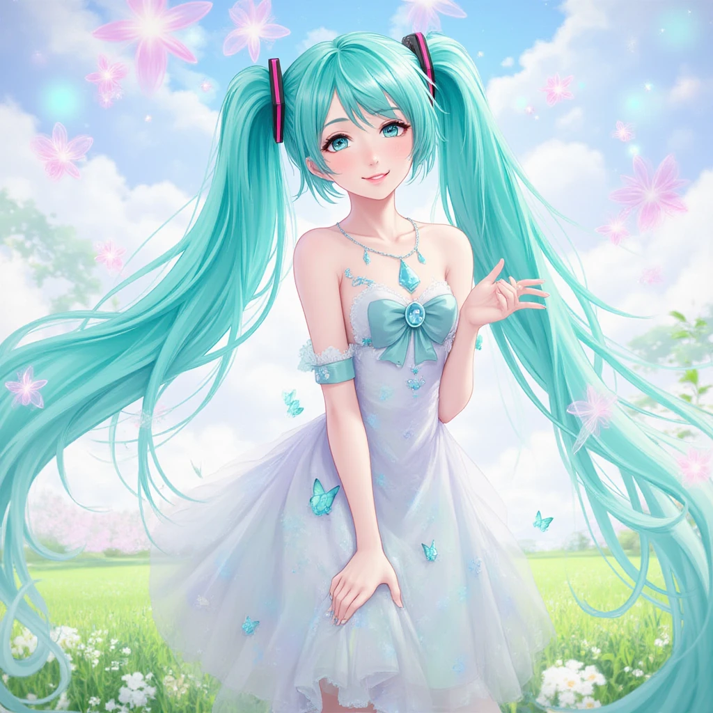 hatsune miku blue hair , Kagamine Rin yellow hair , White Wedding Dresses, long hair, flower hairpin, wedding bouquet wrapped in white paper, hand caressed hair, The effect of falling white petals, lily, big,