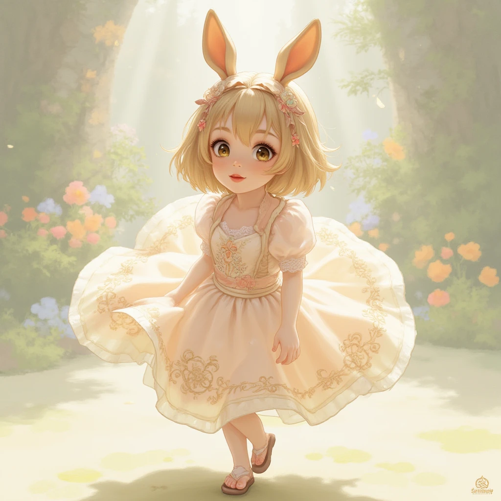 blond hair, blue eyes, rabbit ears, rabbit tail, short pink sundress, , leaning over, garden, palace, long hair, smile, lake,  visible, from