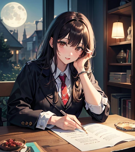 (maximum resolution, distinct_image) Best quality, ((((1 woman))), five fingers, masterpiece, bangs, face down on the desk, eyes closed, glasses, very detailed, semi-realistic, braid hair, brown hair, 21 years old, mature, young, white Y-shirt, tailored jacket, indoors at night, delicate  features,  features, moon in the distance outside the window