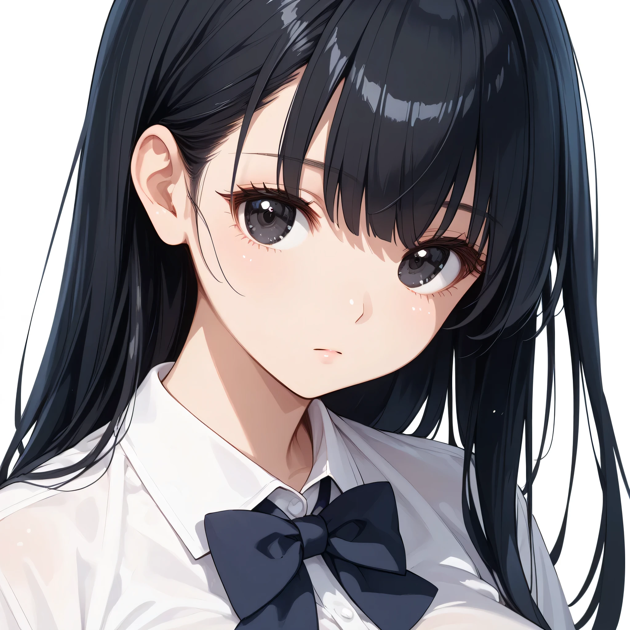 Anime girl with long black hair wearing a white jacket and red bow tie ...