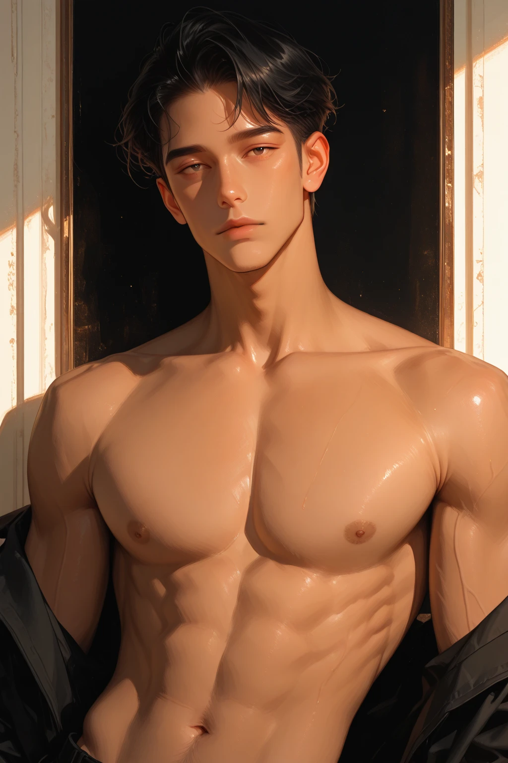 1 boy, blush, perfect lighting, Bblack hair, greeneyes, side lighting, face detailed, shining skin, simple background, darkness background, six pack and defined abdomen, large  with   highlight, chubby legs, humida