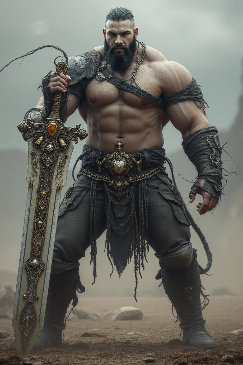 Make me a half-orc in the gray tone of the barbarian class

