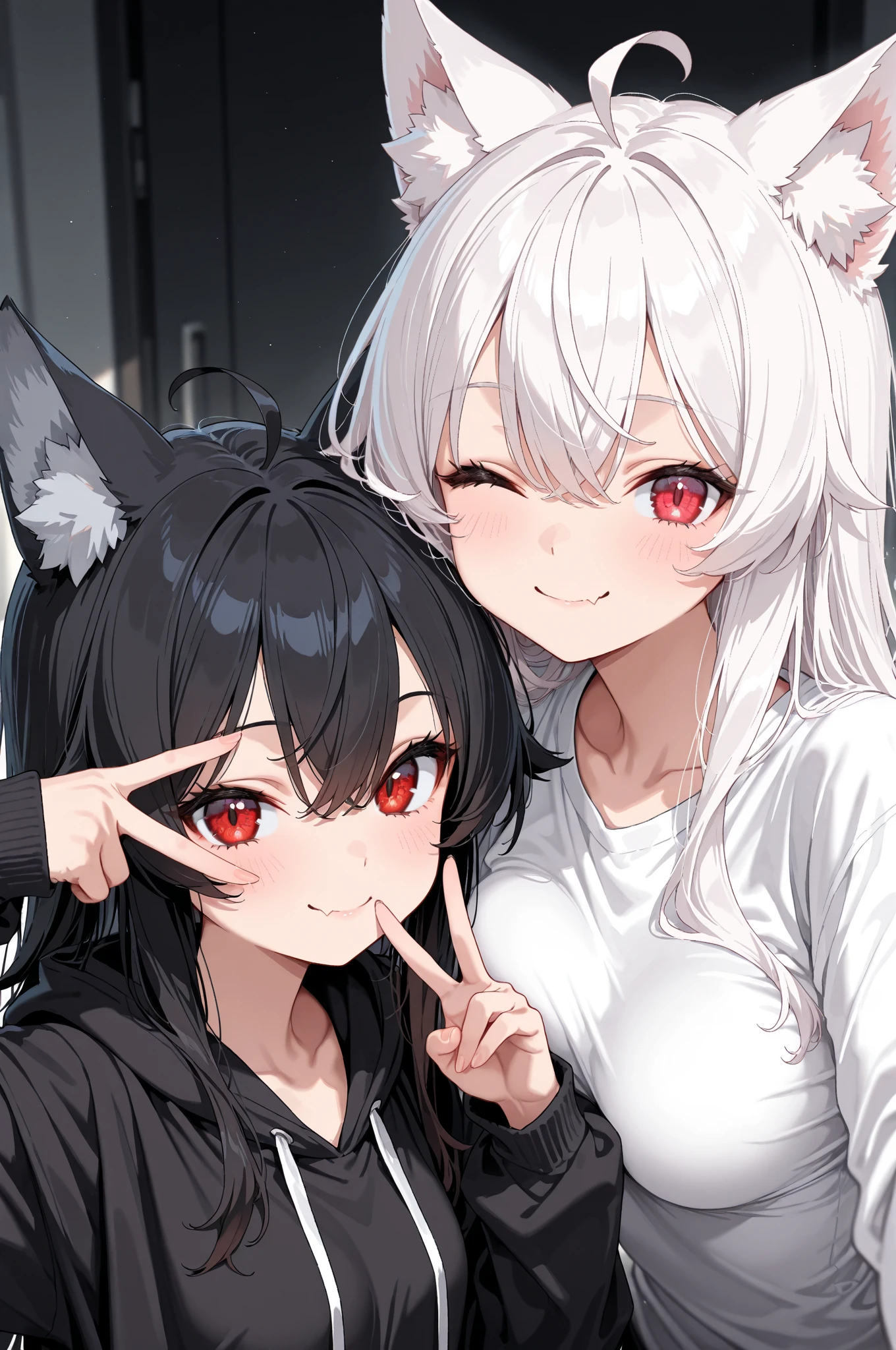 best quality, intricate details, chromatic aberration,1girl, long hair, colourful hair, messy hair, red highlights, hair over one eye,cat eyes, sharp eyes, smiling , heart shaped choker, white colour off should jacket,against wall, brick wall, blacklight,wolf ears,large breast, 