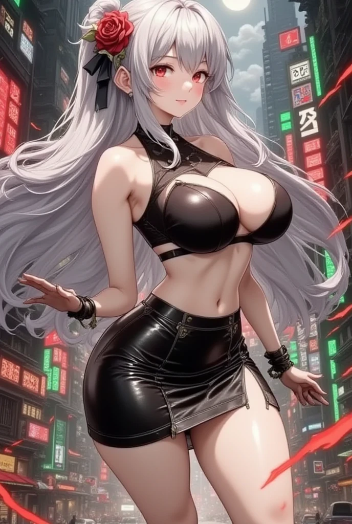 ((masterpiece, best quality)), ((1girl)), ((yakuza)), (()), ((black jeans)), (ripped jeans), (black military boots), ((dark brown long straight hair)), serious, brown eyes, rosy cheeks, ((silver dragon irezumi on back)), dynamic angle, city background