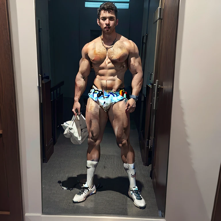 full view full body, one handsome over-muscular white blonde young bodybuilded male with hyper-stylished undercut blonde short haircut, with over-inflated shoulders, triple-biceps, excessively over-bloated pecs and abs, He wears white transparent lace lycra tight shorts, white long lace transparent socks , shoes off, no shoes, silver necklaces, rings and bracelets, he shows himself in an intimate fashion show in an art gallery in Paris, his white lace socks must be seen