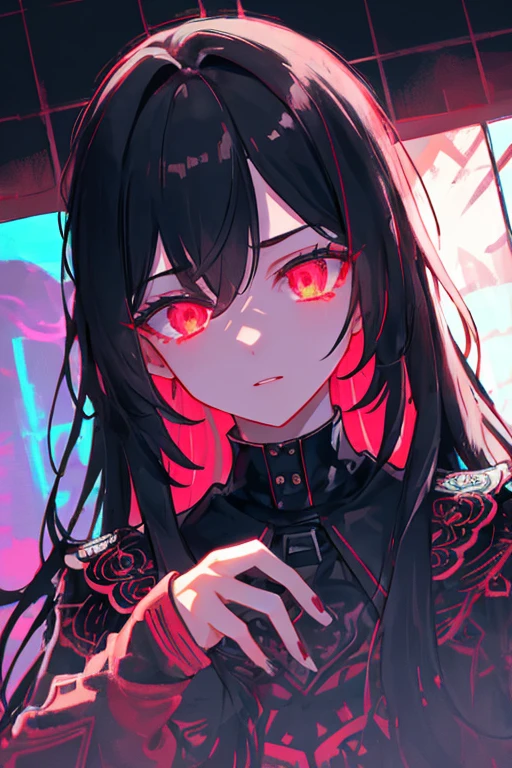 ((masterpiece)), Colorful, Best quality, ultra high resolution, extremely detailed, night in black and blue colors, polar illumination, difficult, psychedelic, surreal, cinematic lighting, One, high contrast, deafening, emotional, surreal, 1 girl, eyes with gradient, Model figure, crying Blood, Necklace, Rings, Blood, chain on clothes, long white fluffy wavy hair, Blood, vampiric, demonic, fracture, (background with big eyes)), Hair over one eye, (glowing eyes), extra eyes