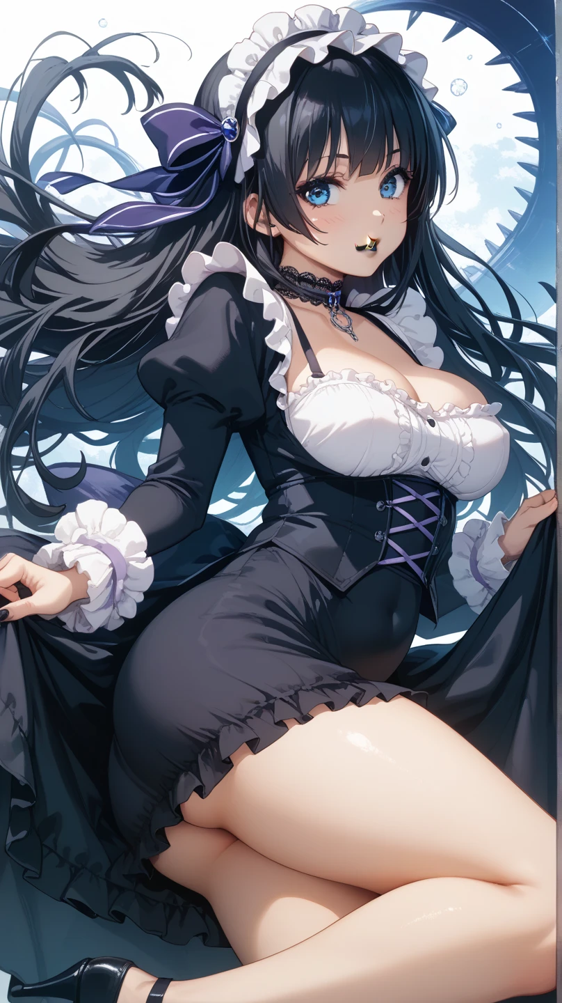 (Absurd, High resolution, Super detailed), masterpiece, Hinata(bolt), ((alone)), One girl,, Long purple Victorian dress, Mouth closed, (((Long Hair))),Are standing, Bodice and skirt patterns, Frilled Skirt, race, Blinking blinking effect, (((Detailed lips))), garden, Pink and yellow flowers,  ((Realistic Skin)), Glowing Skin, ((Glossy Red Lips)), Purple eyes, Portraiture, beautiful, smile, (((Dark blue hair))), Bust Crop, Normal skin