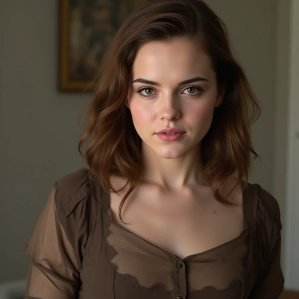Woman Peter Pan short hair, shaggy belly hair 