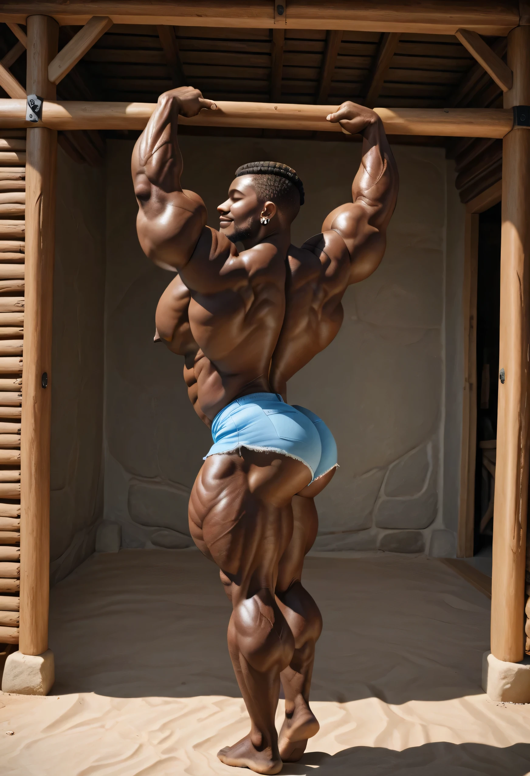 There is only one handsome Chinese man in the photo，35 years old，tall, Fitness，Smooth body，Smooth skin，No ????? hair，short hair, O-Shaped Beard，Perfect body, Dark skin color，Radiant Skin，Smooth skin，Shiny, shiny skin，Smooth pectoral muscles，Muscle bulge, muscular, Very large pectoral muscles，Very ???? abdominal muscles，Very well-developed leg muscles，Huge concave and convex area，Brightens oily skin，Wearing a shiny gold leather ?????，Handsome face，Normal human toes，Correct and accurate male body proportions，Gold Collar，Gold bracelet，Gold anklets，Standing in front of Monstera leaves。