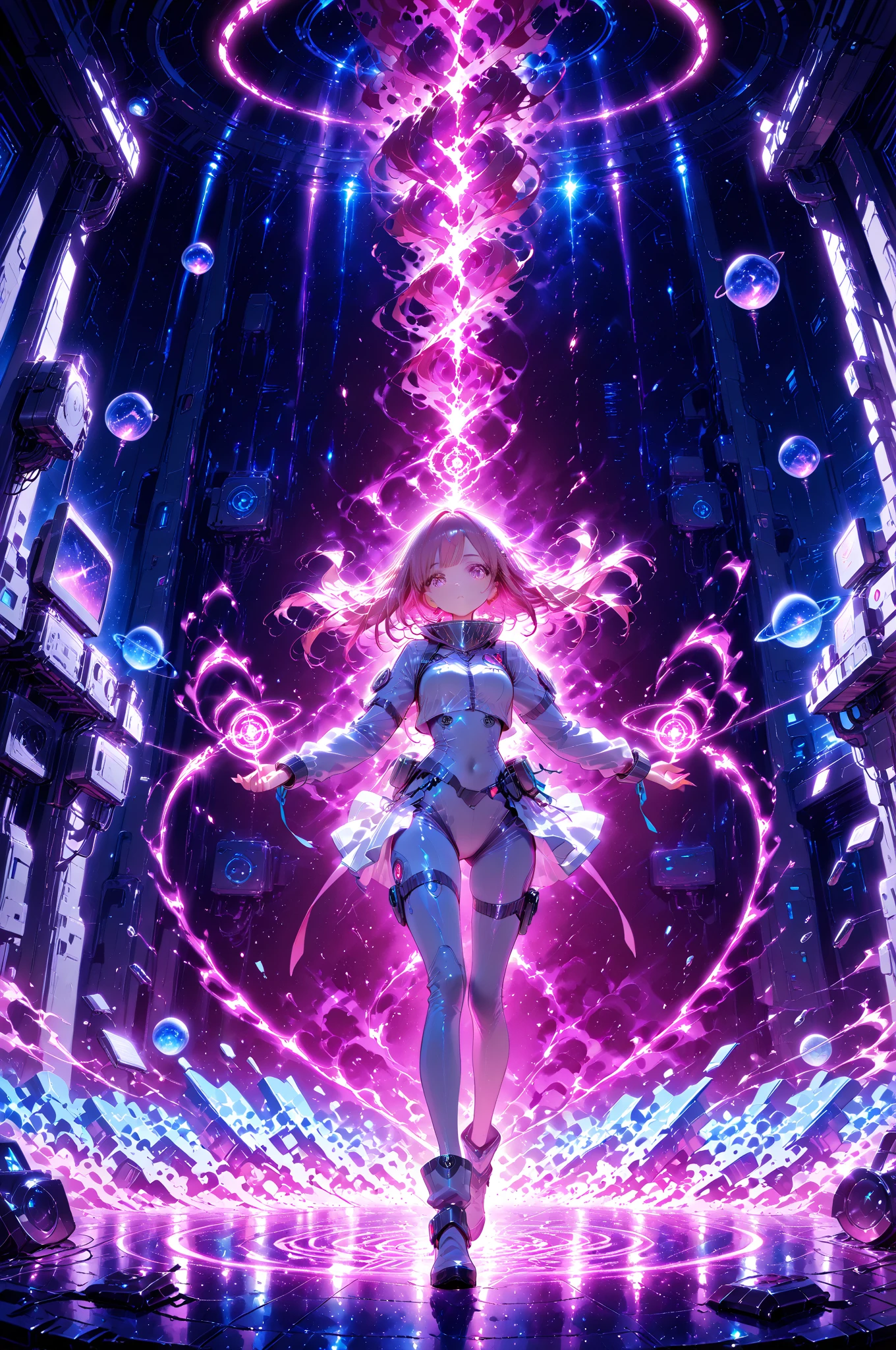 A girl wearing robot armor spins a spear and summons a magic circle.The girl has red twin tails and wears a red and white barrette.He wears red and white robot armor that covers his entire body.A large number of pink neon lights shine brightly from the armor,A colorful magic circle with a mix of red  white and pink is summoned on its back.(A blue neon light shines from the tip of the spear), neon light draws a circle.The girl looks up and closes her eyes,The beautiful hair and texture of the girl, the beauty of the girl's face, the texture of the robot armor and the beauty of the mechanism,The magical glow of the magic circle,A perfect depiction of a spear, perfectly holding a spear with two hands,Full body view,(High quality, high precision image, masterpiece, 4k, 8k,:1.2)ultra-definition