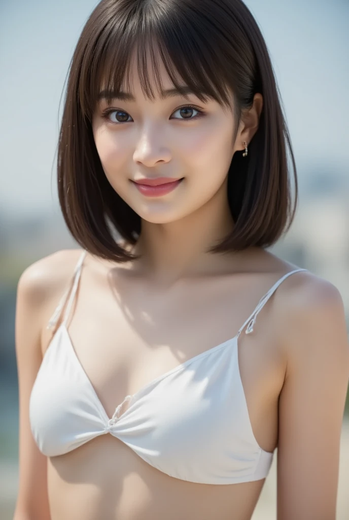 ,One beautiful Japanese model, 15-year-old female model,  4K、Super high quality、bangs、black haired、、(Super cute face with idol style:1.4)、slim and beautiful body、beautiful breasts、laughter、Full body Esbian:1.2、