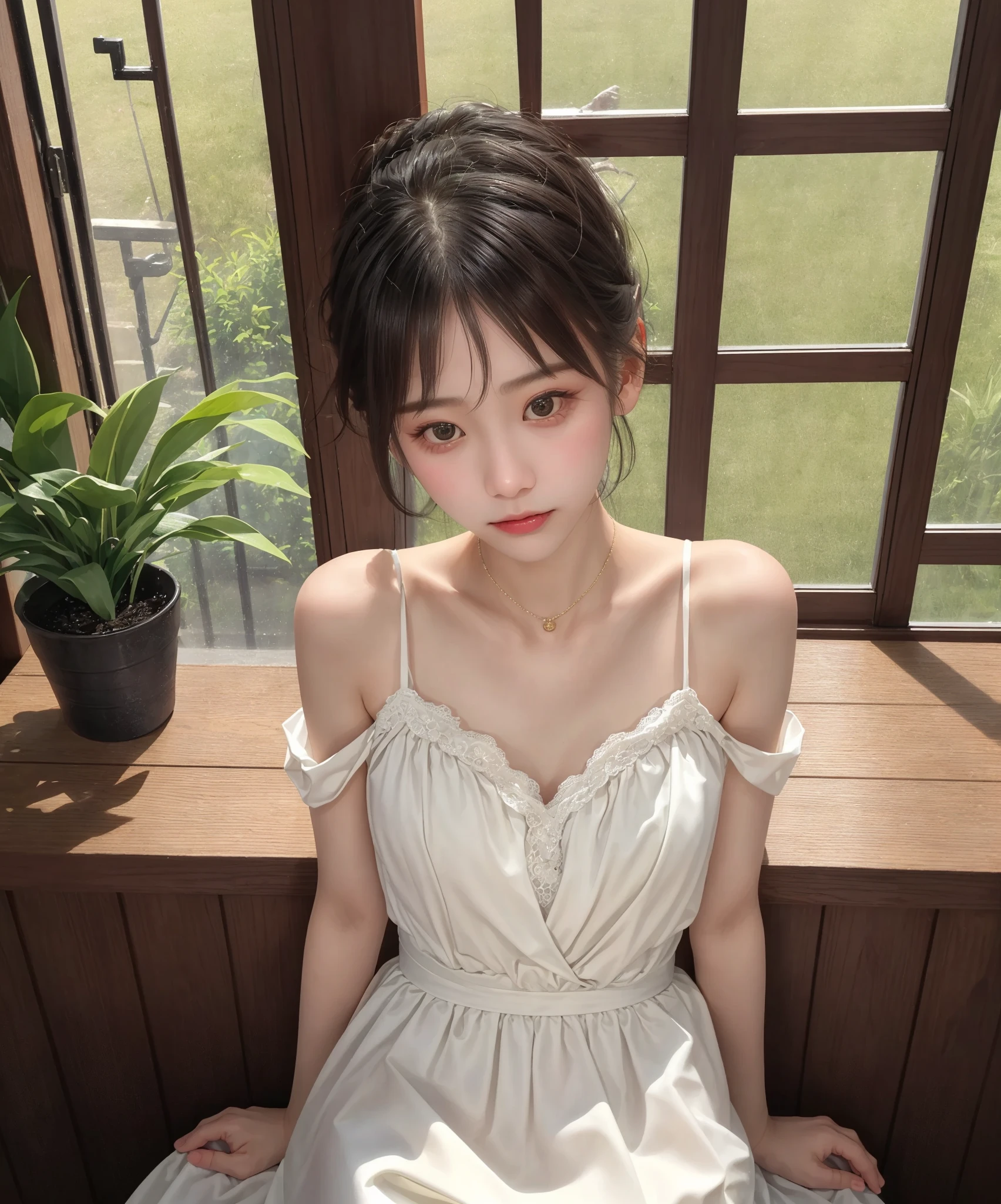 absurdres, RAW photo, extremely delicate and beautiful, masterpiece, Highest Quality, ultra high resolution, 32k, hyperrealistic, realistic, photorealistic, photo-realistic, Real, ultra-detailed, Very detailed CG 8k wallpaper, detailed background, landscape, Beautiful Lighting, Perfect Lightning, Realistic Shadows, perfect , anatomically correct, ideal ratio body proportions, perfect figure, Perfect Style, Perfect balance, super Detailed skin, 20 years old, very Slim body, narrow waist, very small head, very small face, delicate  features, handsome detailed woman, very detailed eyes and face, realistic face proportions, Realistic beautiful face, Realistic beautiful eyes, tearful mole, earring, (very huge round tits), short medium hair, asymmetrical hair, wavy hair, dress, off-shoulder, outdoor,