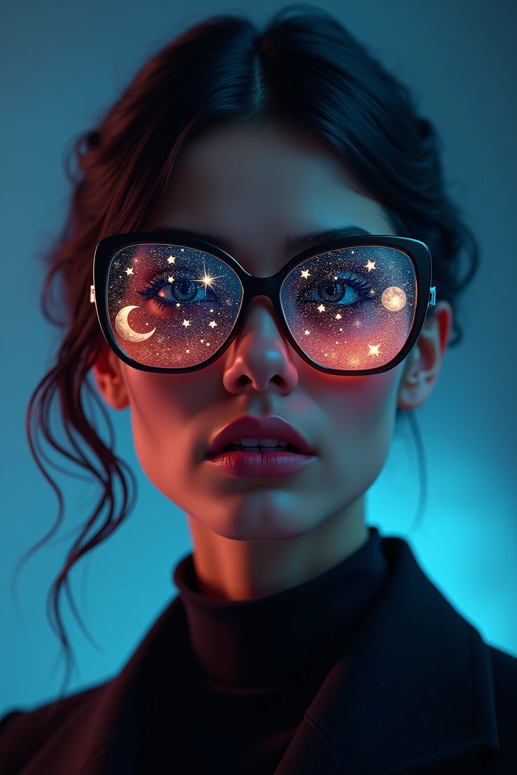 The model is wearing glass sunglasses with stars and the moon on the glass