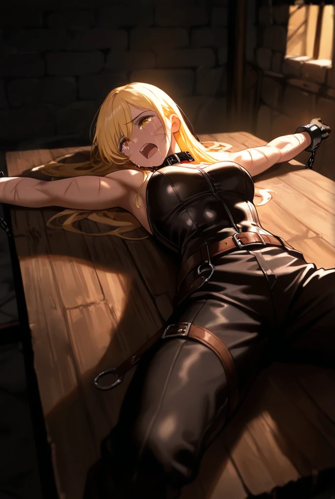 8K,highest quality,masterpiece, High resolution, ,(highest quality:1.1), (masterpiece:1.4), (absurd:1.0), portrait, 1 girl、Ingrid ,skinny,  (( crying )), teardrops,hair ribbon, black leotard, Taimanin suit, one piece tan, ruffle leotard, thigh boots,(((prison))),((inside the cage)),(prisonの中),(prison),hands up,(handcuffs chain from above),