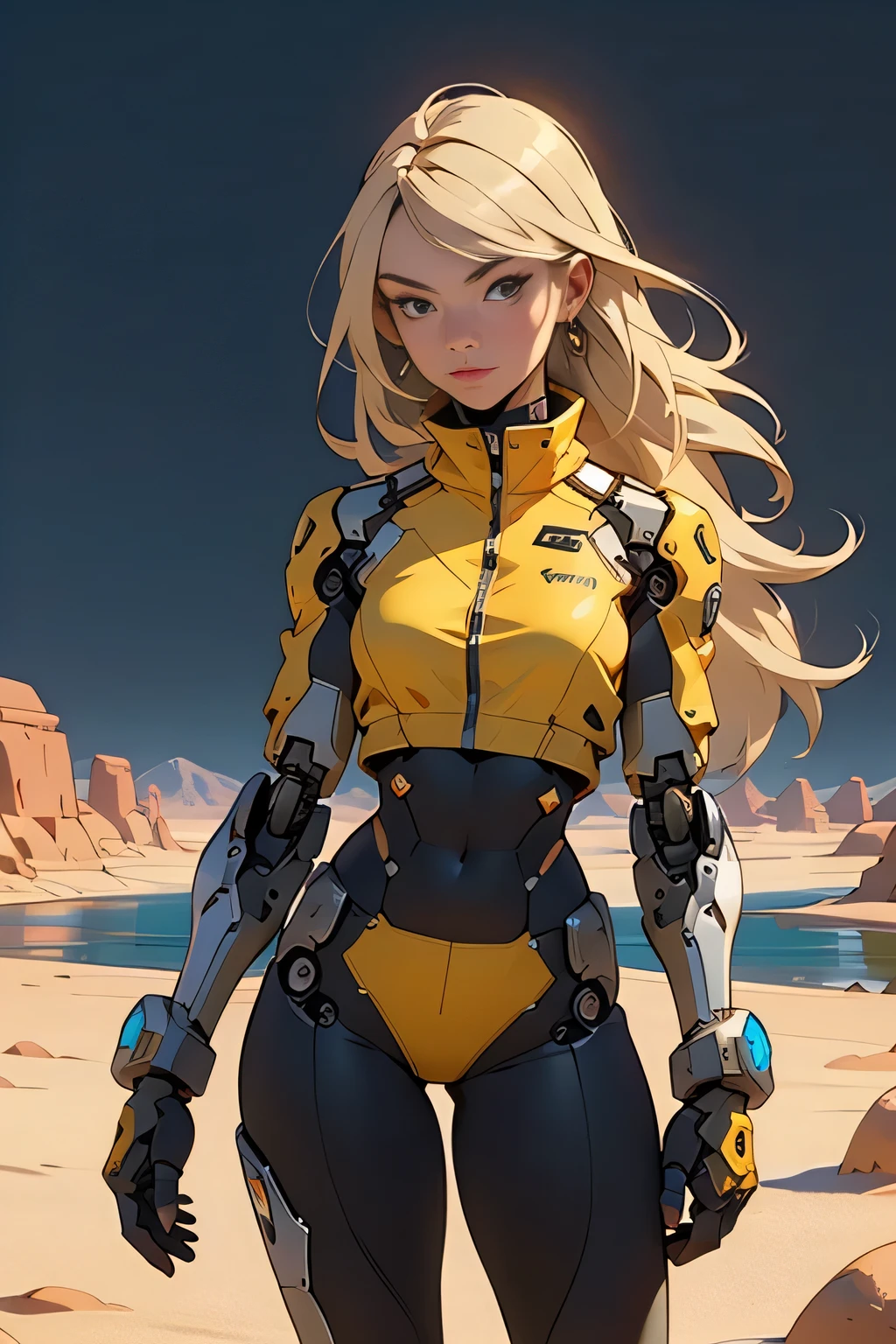 high quality, 4k, masterpiece, beautiful, cyborg girl, cowboy shot, dull eyes, front, looking at viewer, long blonde hair, girl, small breasts, fit thighs, robotic arms, robotic body, cyborg body, yellow uniform, red accent, intricate detail, joint, detailed lines, robotic detail, holding fist up, holding hand up as fist, color robotic parts, robotic parts with color, perfect fingers, on a desert planet, sunny background, colorful desert, a river or a lake in the background
