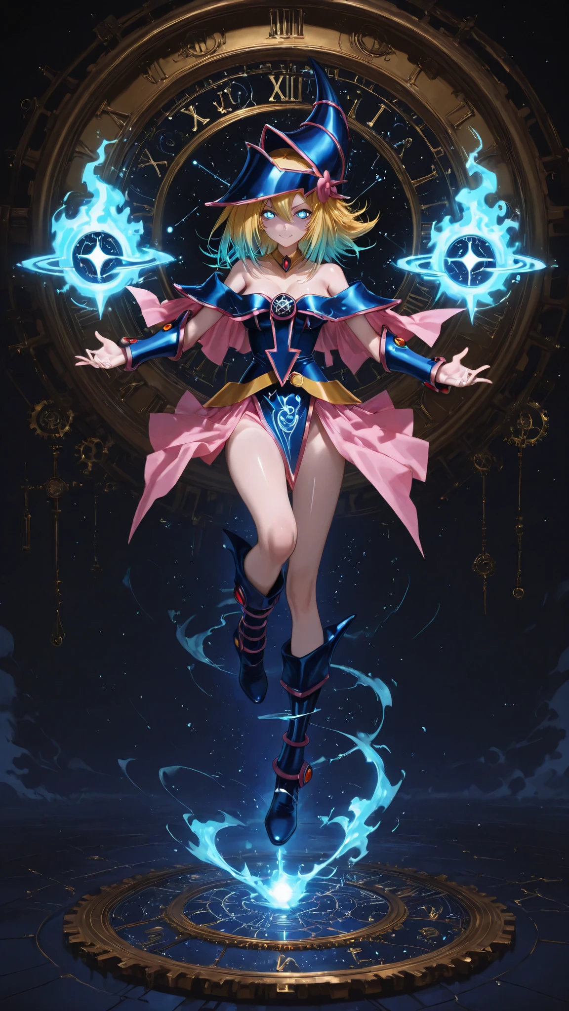 (obra maestra:1.2), (Mejor calidad:1.2), (Delicate representation)、(Calidad de imagen superior)、8k，Magia realista、Foto RAW、Palo fotorrealista、Perfect lighting, La chica maga oscura (Hechizos de lanzamiento: 1.3), in her 20s, (flotando en el aire: 1.3), Medio, escote transparente,  Desde arriba, destellos, (Hands with magical effects: 1.4 )Magia en tus manos, Antecedentes del apocalipsis、una rubia、Magia a tu alcance、y dibuja el cuerpo completo、Dibujar desde el frente、((((kawaii))))