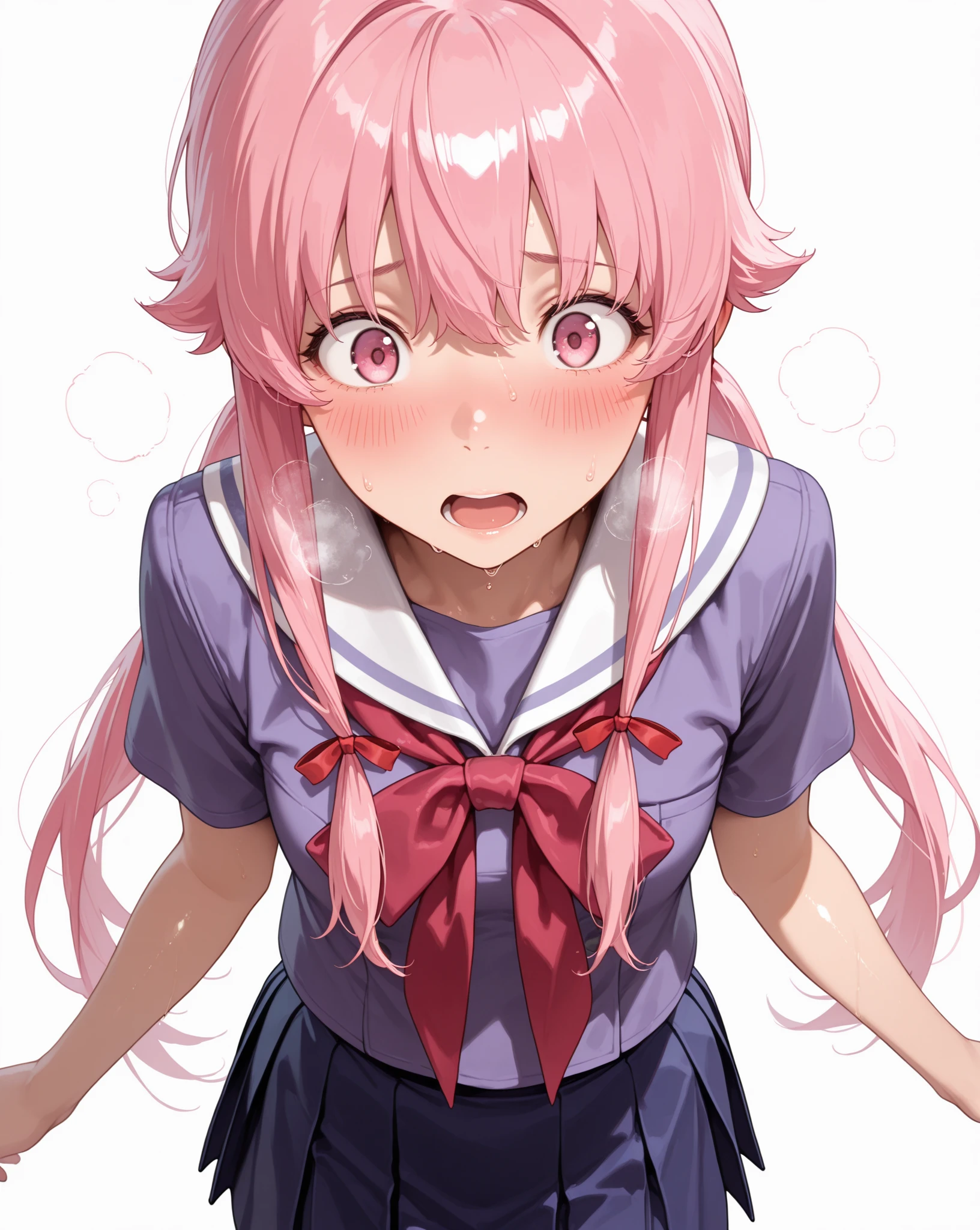 1 Girl, Long Hair, Straight, Pink Hair, Pink Rabbit Ear, Animal Ear Hair, Red Eyes, Another World, Cherry Blossoms , Portrait , High Contrast , Official Art , Smiling , Happy , Best Quality , High Resolution , Beautiful Hair Detail . Masterpiece Picture, smile, shy face, slightly red cheeks, skirt,  only, , giant milk, uniform , one person , colorless ,  ,  , sailor suit