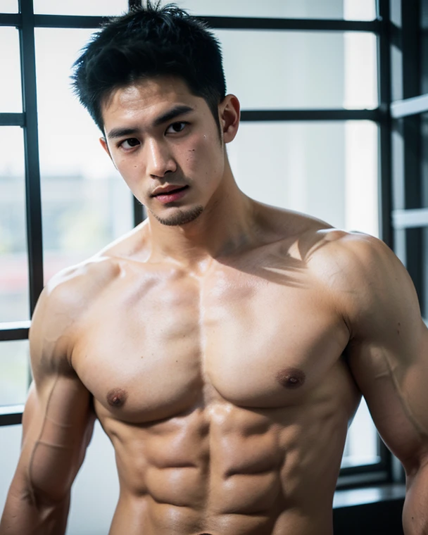 Young Bruce Wayne man black hair, big muscular body, in ???????, in dark room